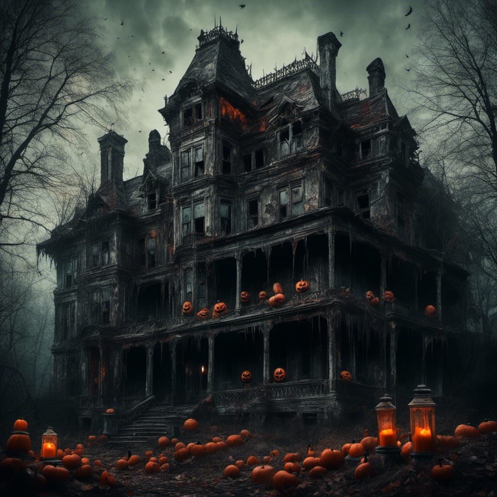 Haunted Mansion with Specters and Jack-o-Lanterns