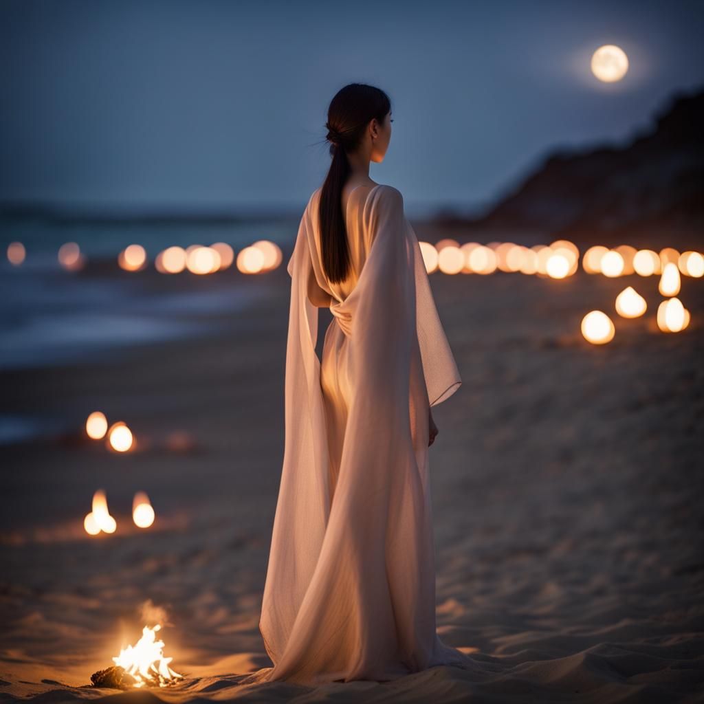 Futuristic Korean Women's Night Ritual on Bonfire Beach