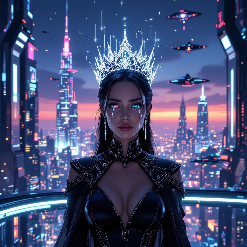 Heartbroken Empress Overlooks Crumbling Neon Metropolis