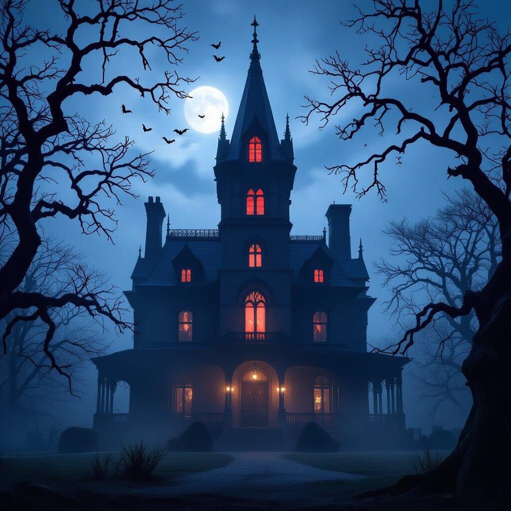 Ethereal Gothic Mansion in Misty Night Photography