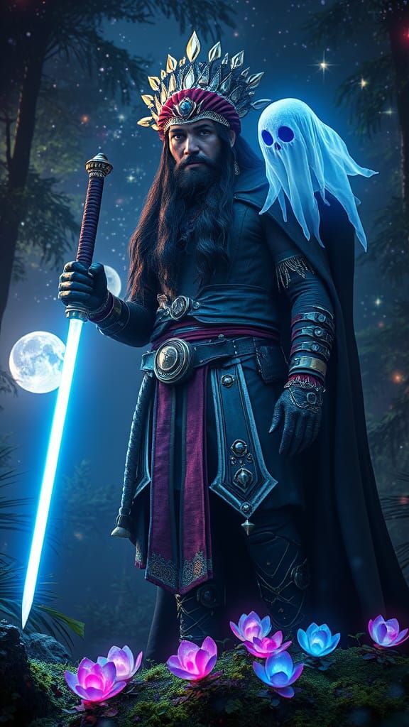 Indian King and Ghost in Sci-Fi Forest