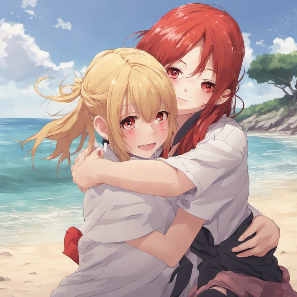 Anime Style: Blonde and Red Hair Beach Embrace