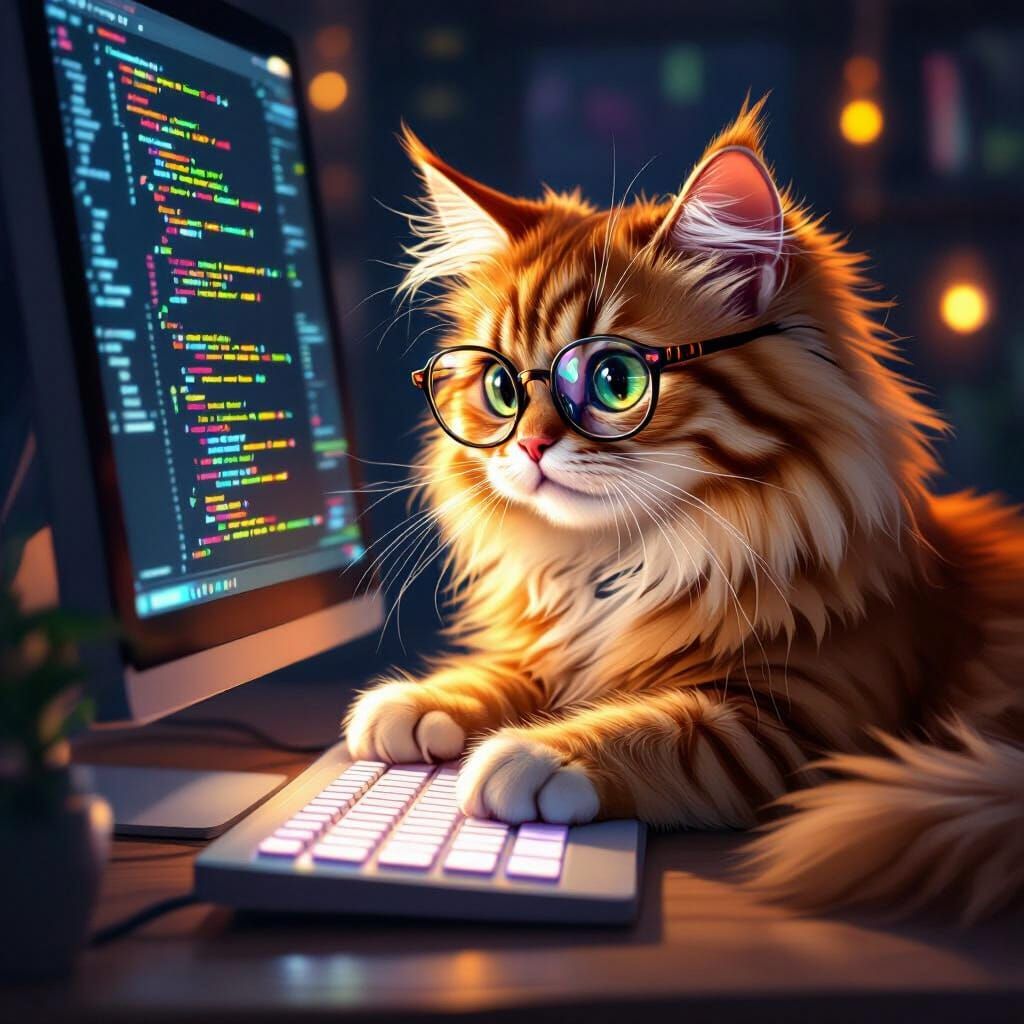 Fluffy Cat Coding at Glowing Computer