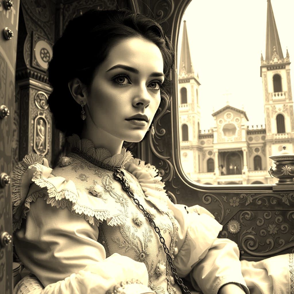 Victorian Gothic Lady Rides Gothic Style Carriage Near Gothi...