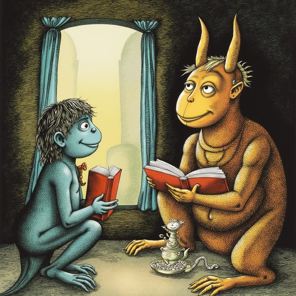 Whimsical Monsters Read by the Window in a Hans Arnold-Inspi...