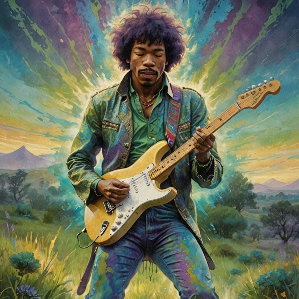 Jimi Hendrix Psychedelic Guitar Dreamscape with Volumetric L...