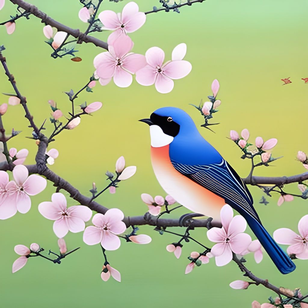 Birds in Dogwood Tree: Japanese Art Style