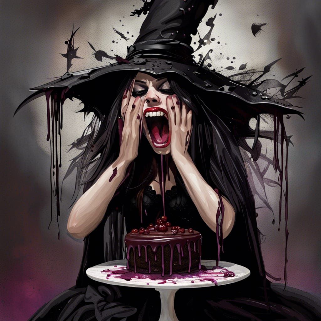 Gothic Witch and Cake: A Dark Fantasy Scene