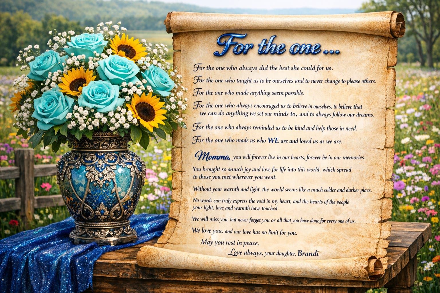 Ornate Vase of Roses and Sunflowers with Wildflower Landscap...