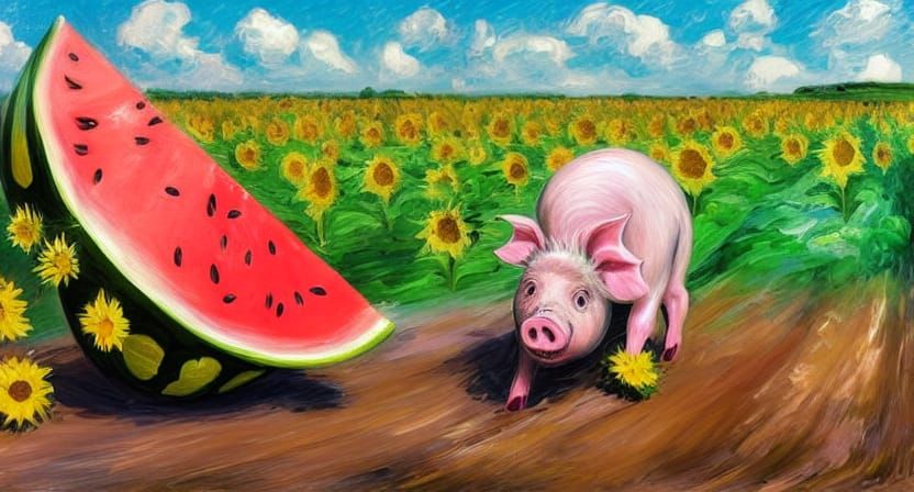 Pig Fleeing Watermelon in Neo-Impressionist Sunflower Field