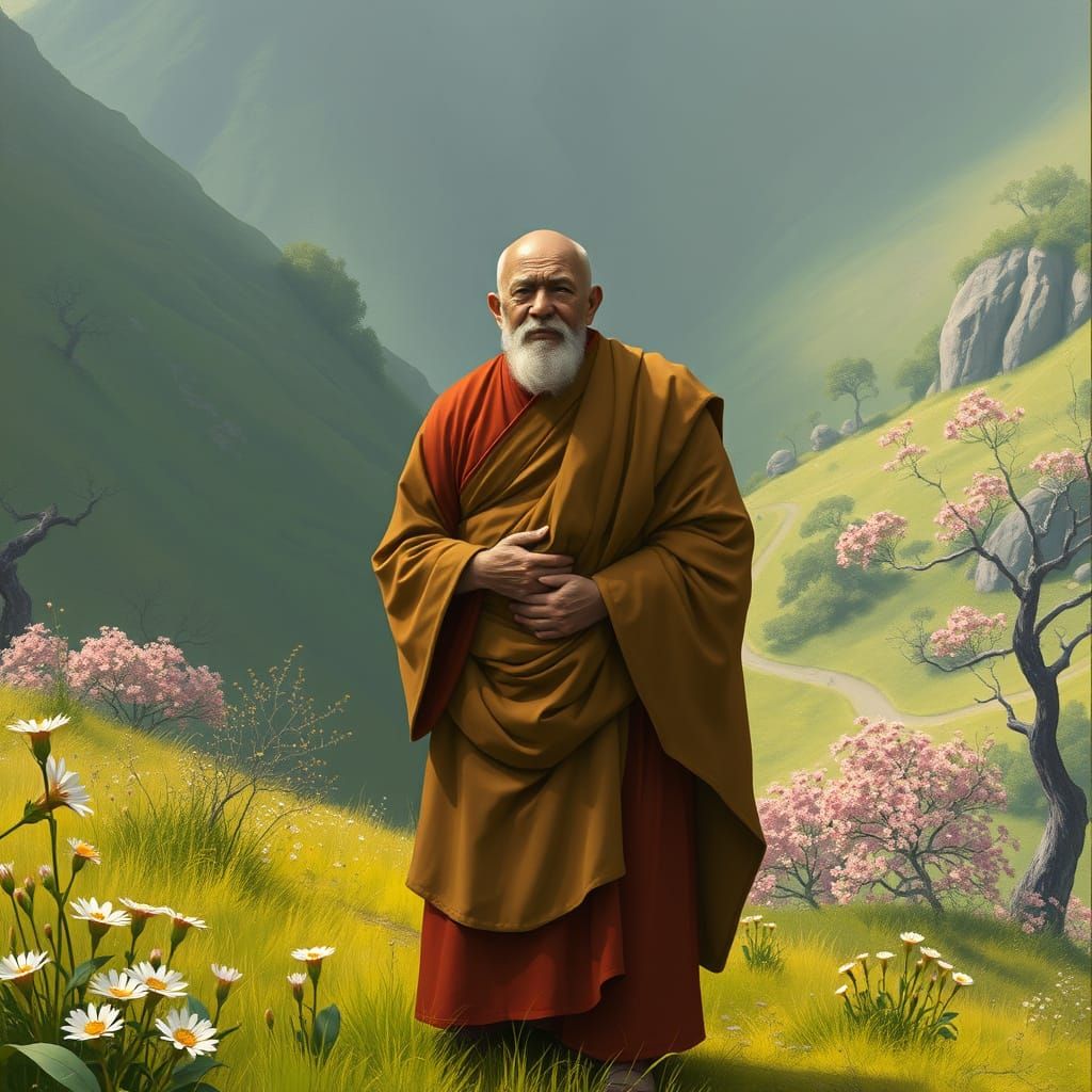 Wise Tibetan Monk in Lush Valley, Concept Art