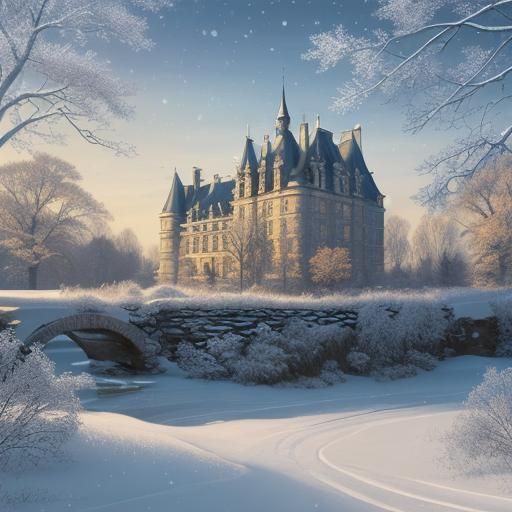 Winter Chateau Amidst Maple Trees in Soft Focus