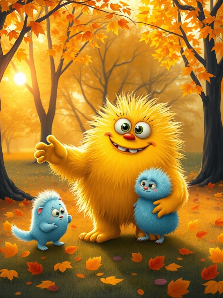 Whimsical Autumn Monsters in a Sunlit Park