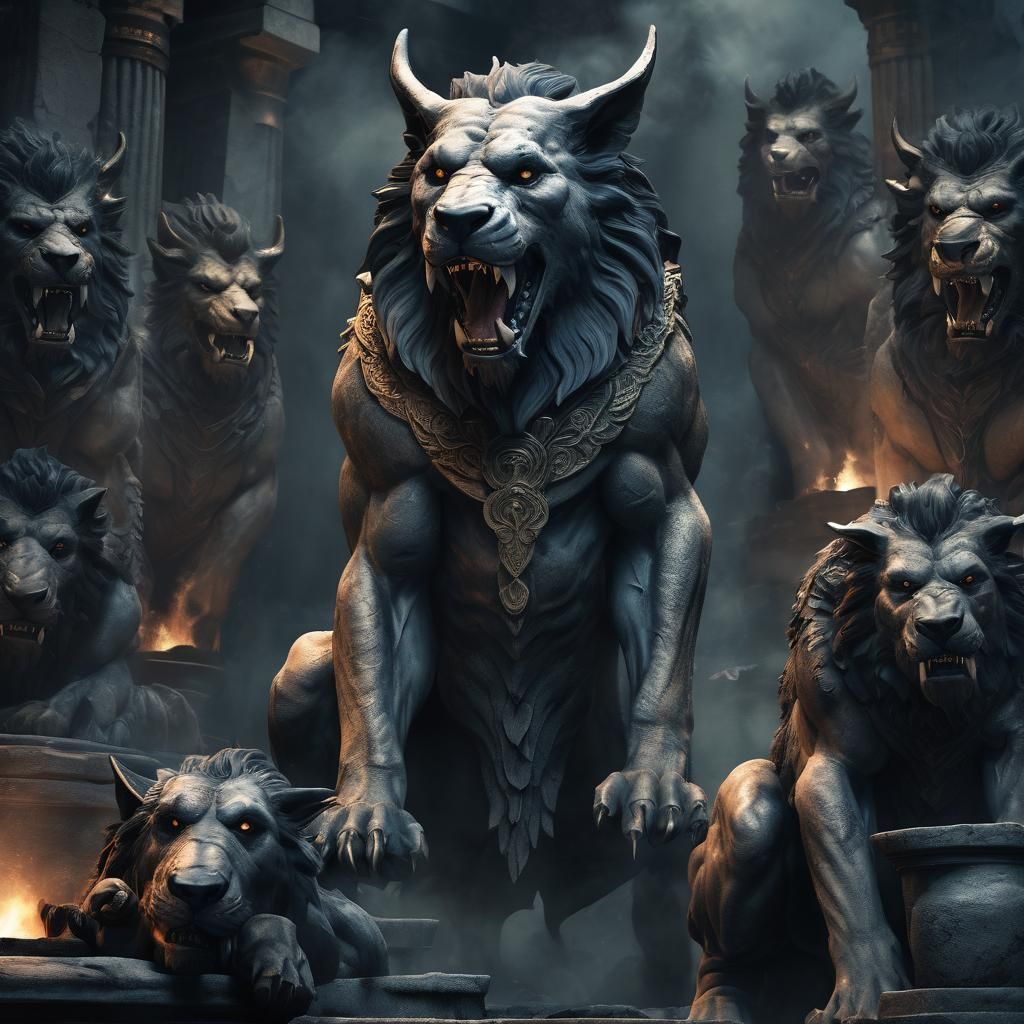 Cerberus and Hades in Dark Mythological Underworld