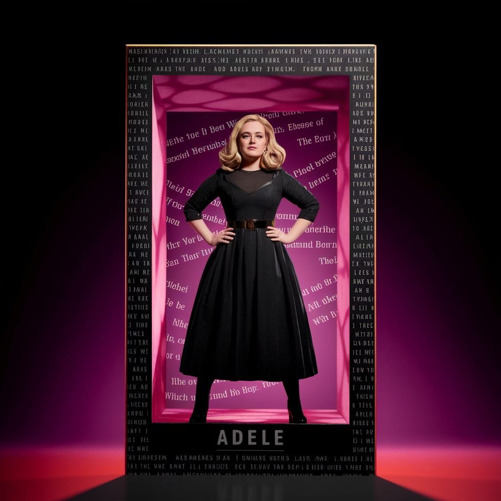 Adele in a Vibrant Digital Art Box, Surrounded by Swirling S...