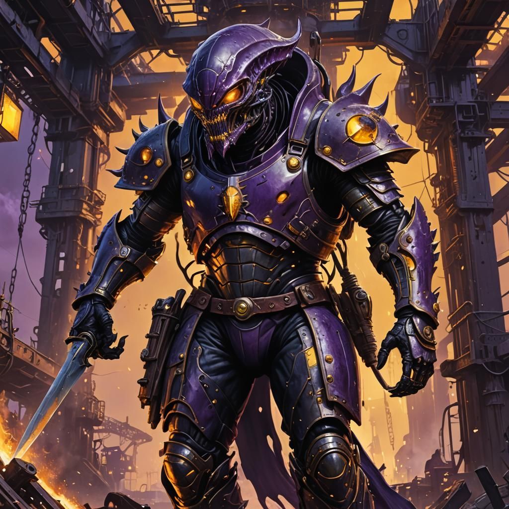 Alien Warrior Invasion on Oil Rig in Dark Fantasy Style