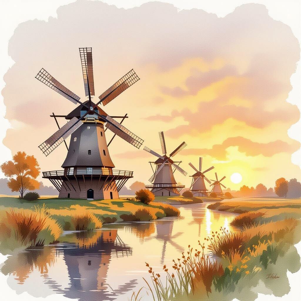 Autumn Windmills in Soft Light Watercolor Landscape
