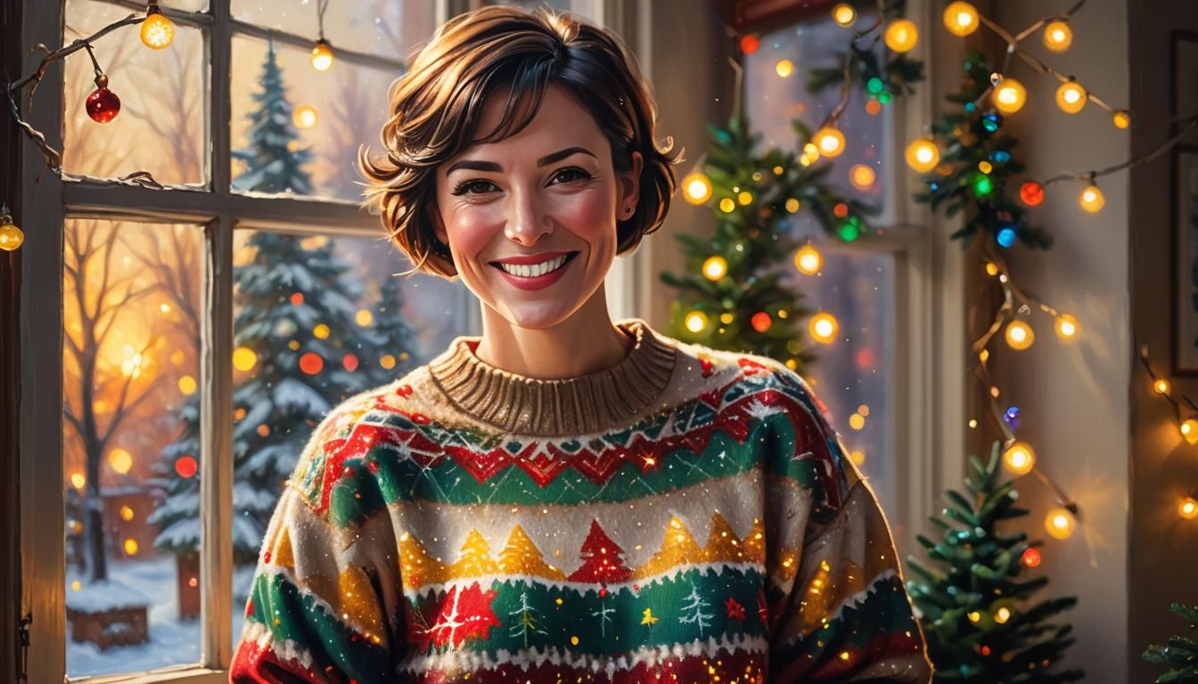 Vibrant Portrait of a Brunette Woman in a Christmas Sweater....