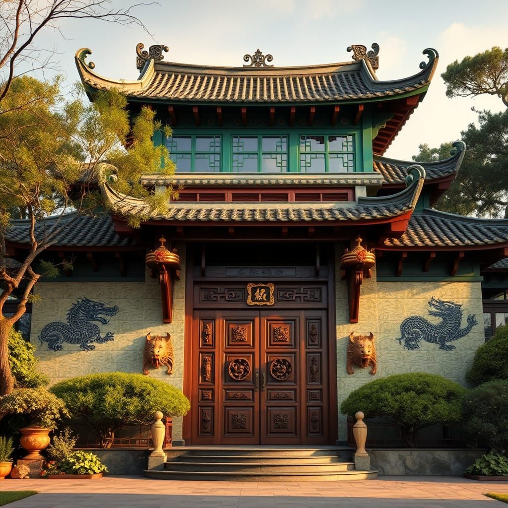 Serene Chinese Temple with Whimsical Dragon Tiles and Wooden...