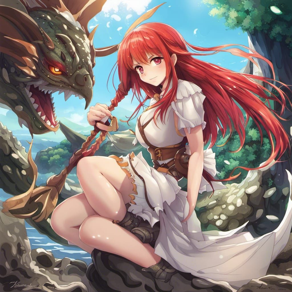 Anime Dragonmaid with Red Hair in Manga Style