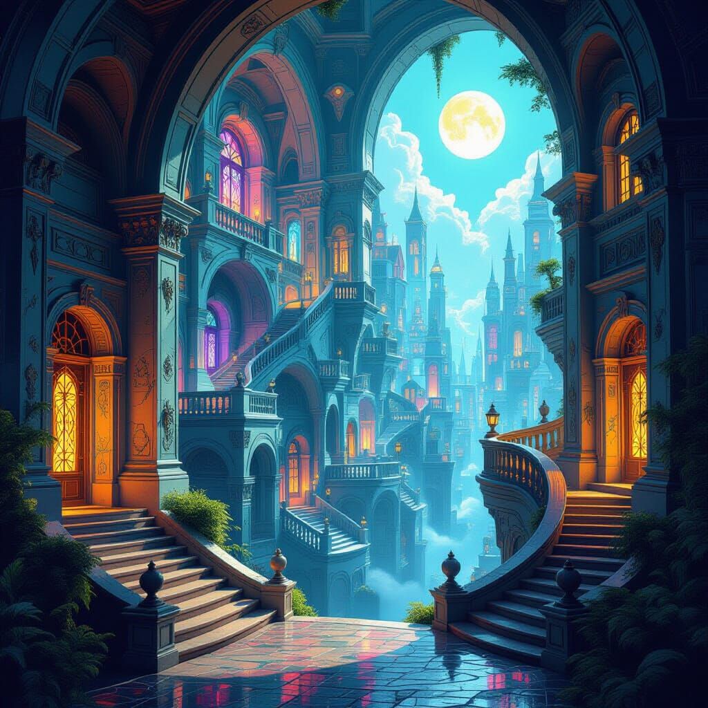 Escher-Style City with Sky Staircases