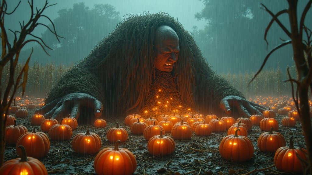 Headless Giant Eating Pumpkins in Rainy Corn Maze