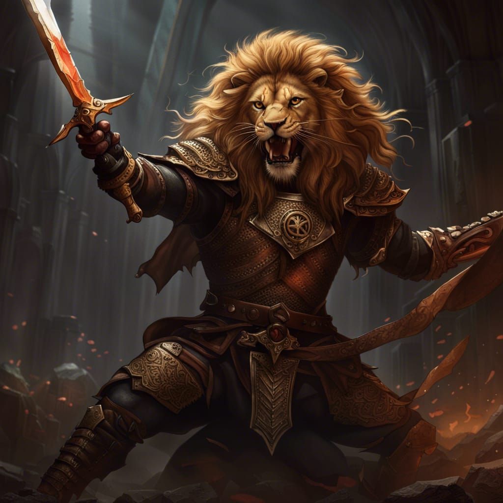 Lion Warrior in Dark Dungeons: Fantasy Art
