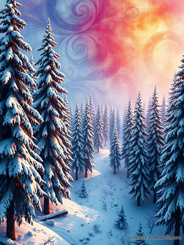 Hyperrealistic Snowy Forest with Intricate Puzzle Patterns i...