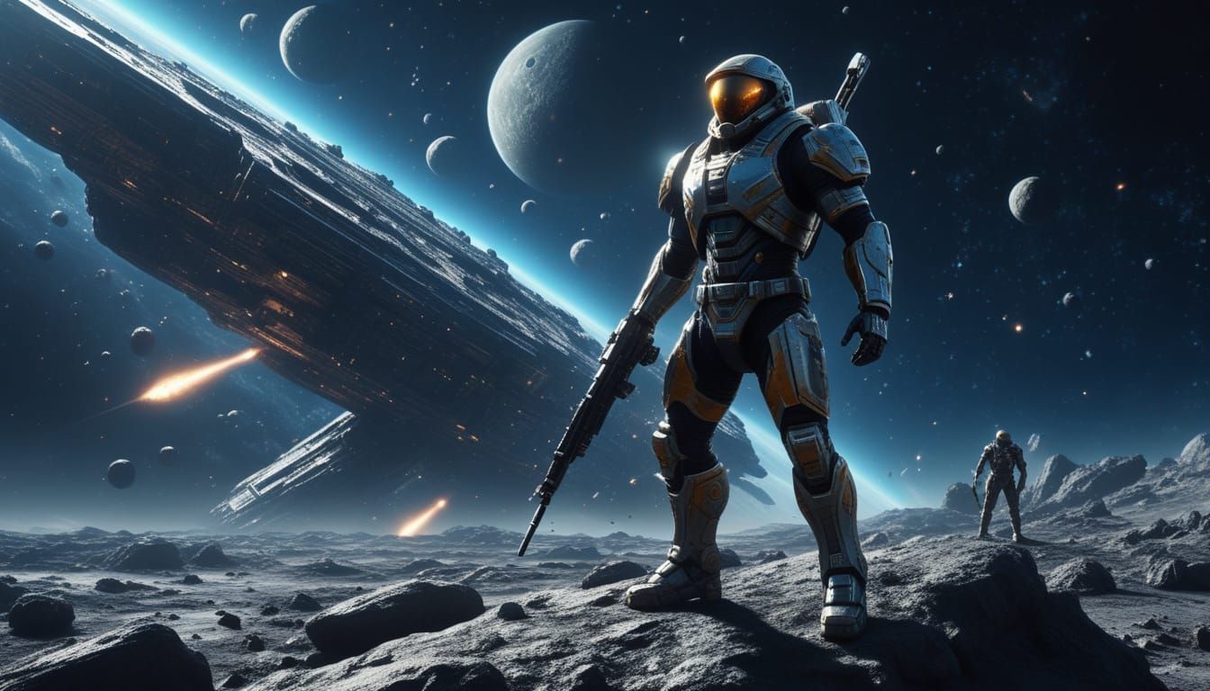 Sci-Fi Warrior on Asteroid with Advanced Weapon