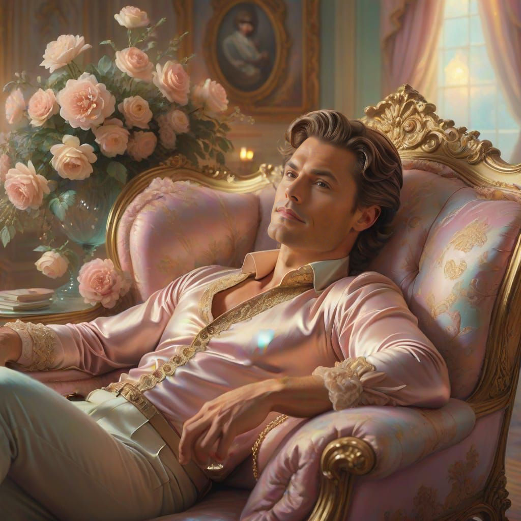 Handsome Man Lounging in Rococo Fantasy World