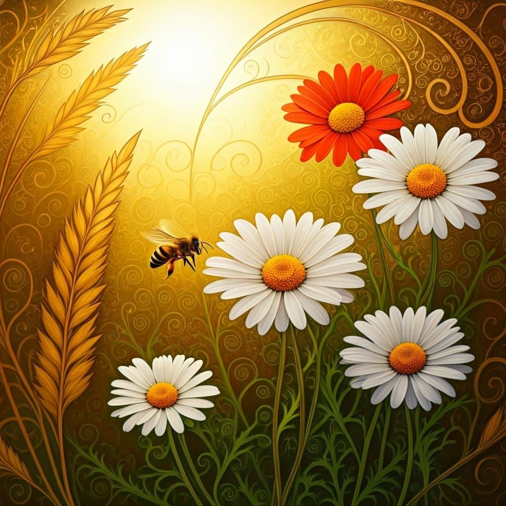 Romantic Art Nouveau Daisies in a Sunny Field with a Busy Be...