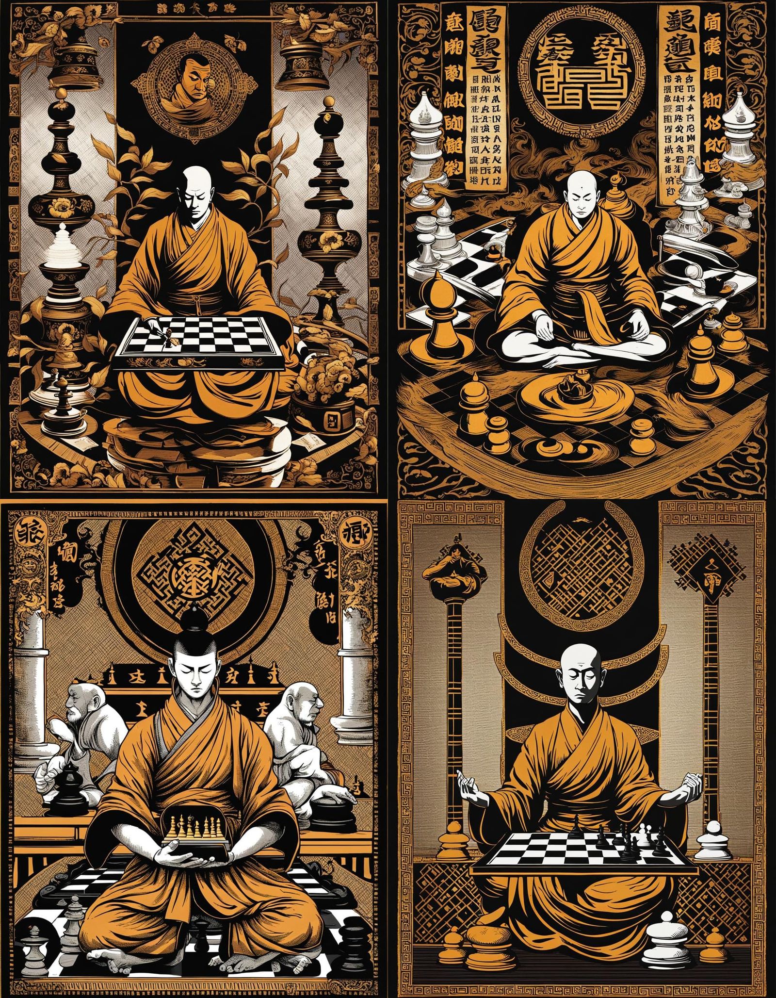 Monk Meditating on Chessboard with Kung Fu Themes