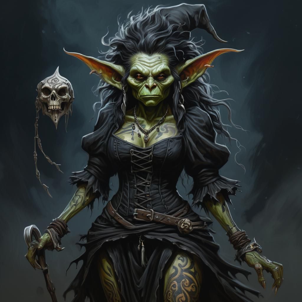 Gorgeous Goblin Witch in Dark Oil Painting