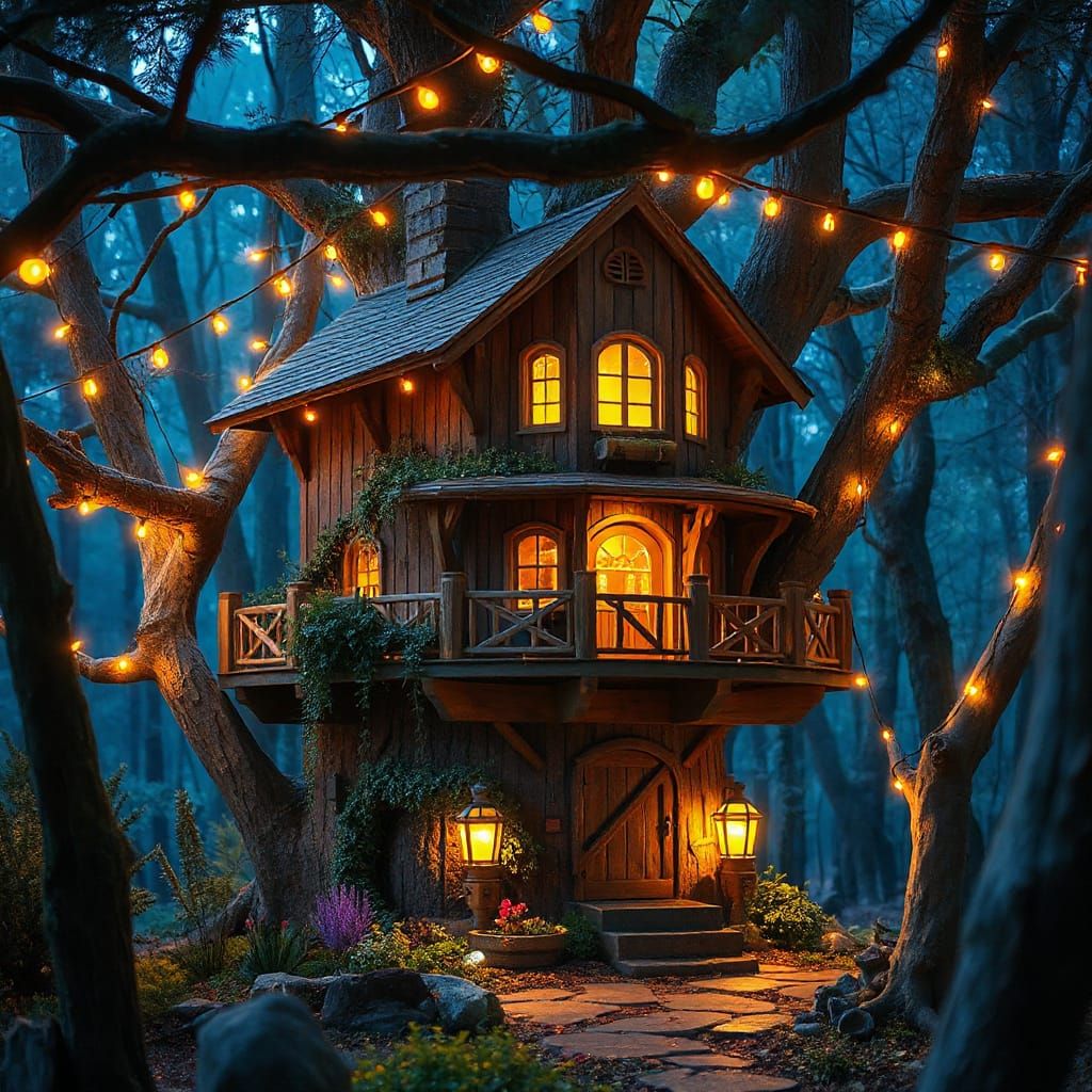 Magical Treehouse Aglow with Fairy Lights