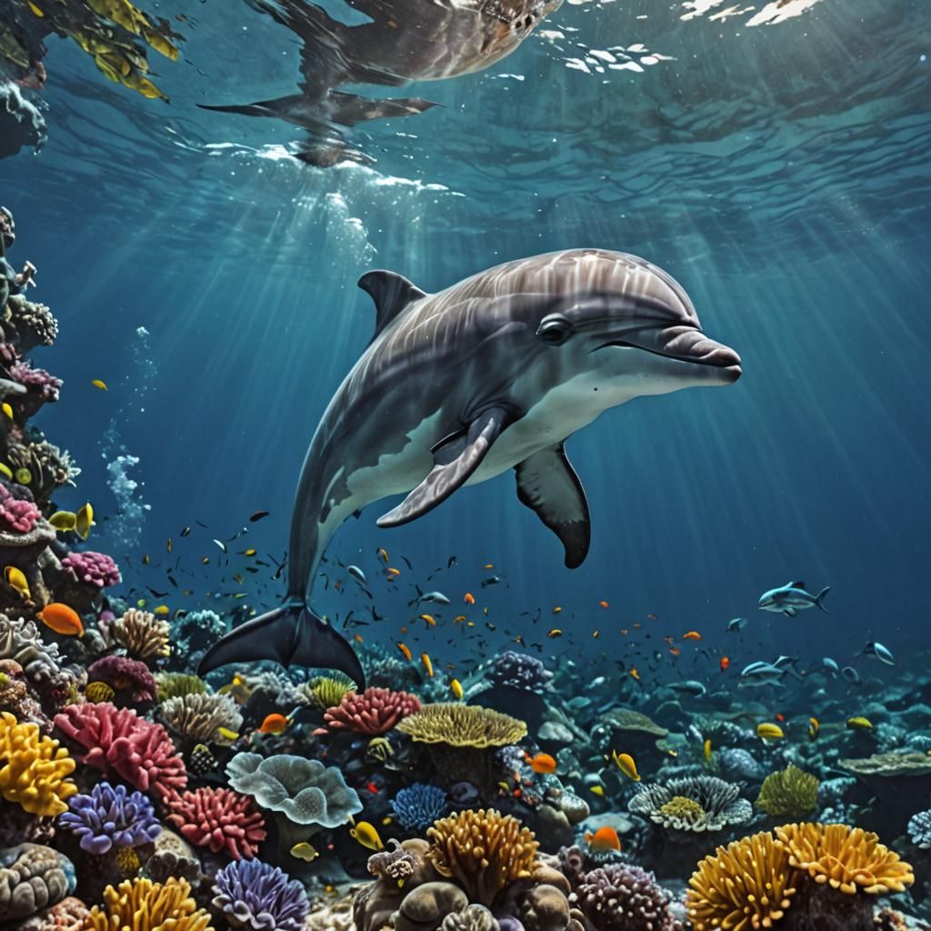 Hyperrealistic Dolphin in Vibrant Coral Reef