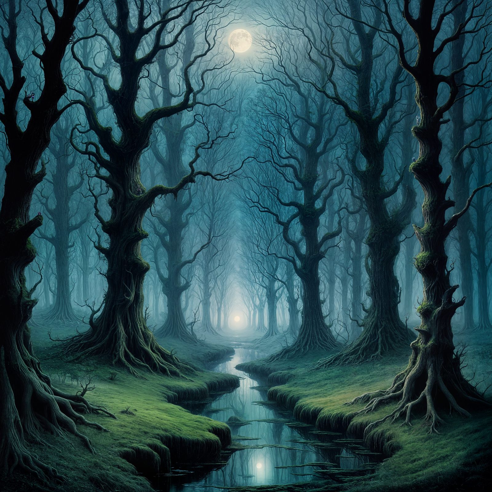 Moonlit Forest in Whimsical Tim Burton Style