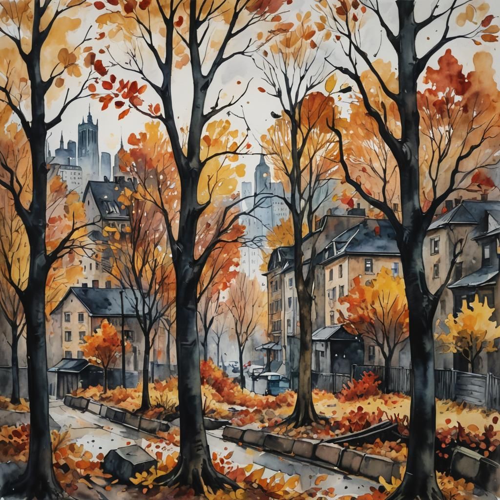 Expressionist Cityscape with Autumnal Colours