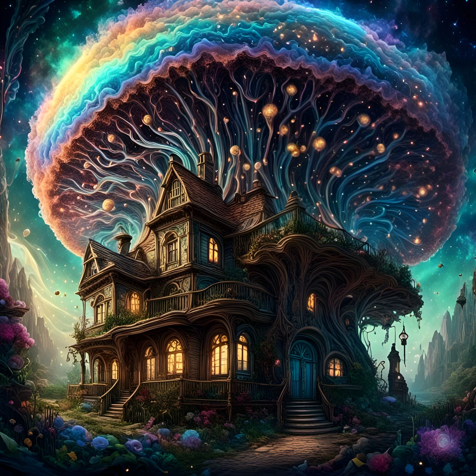 Steampunk Village Inside Mushroom, Hyperrealistic Digital Ar...