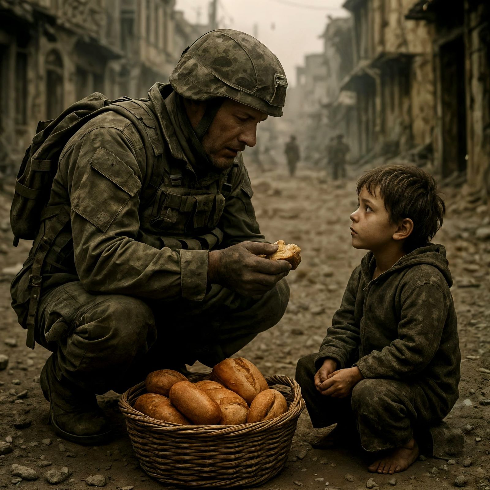 Soldier Shares Bread With Child in War-Torn City