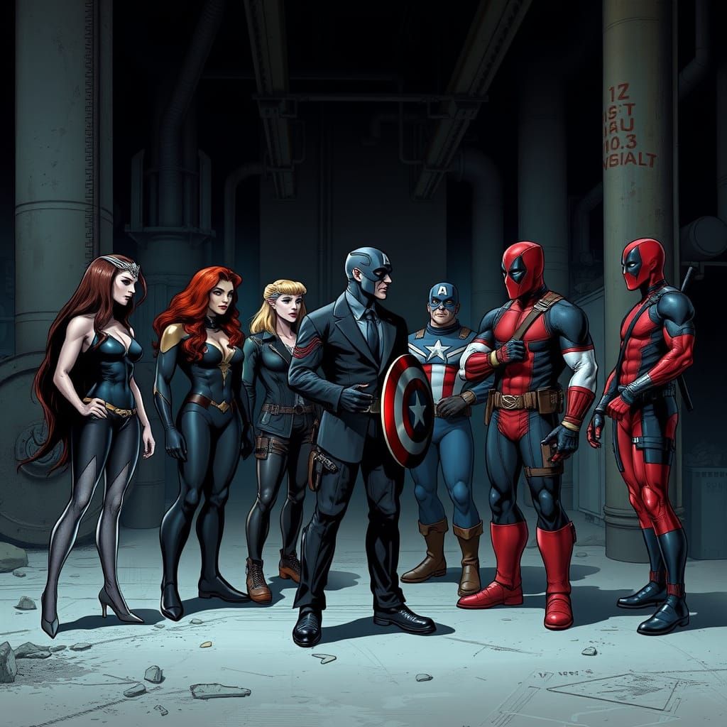 Inhumans, Captain America, and Deadpool in Abandoned Factory