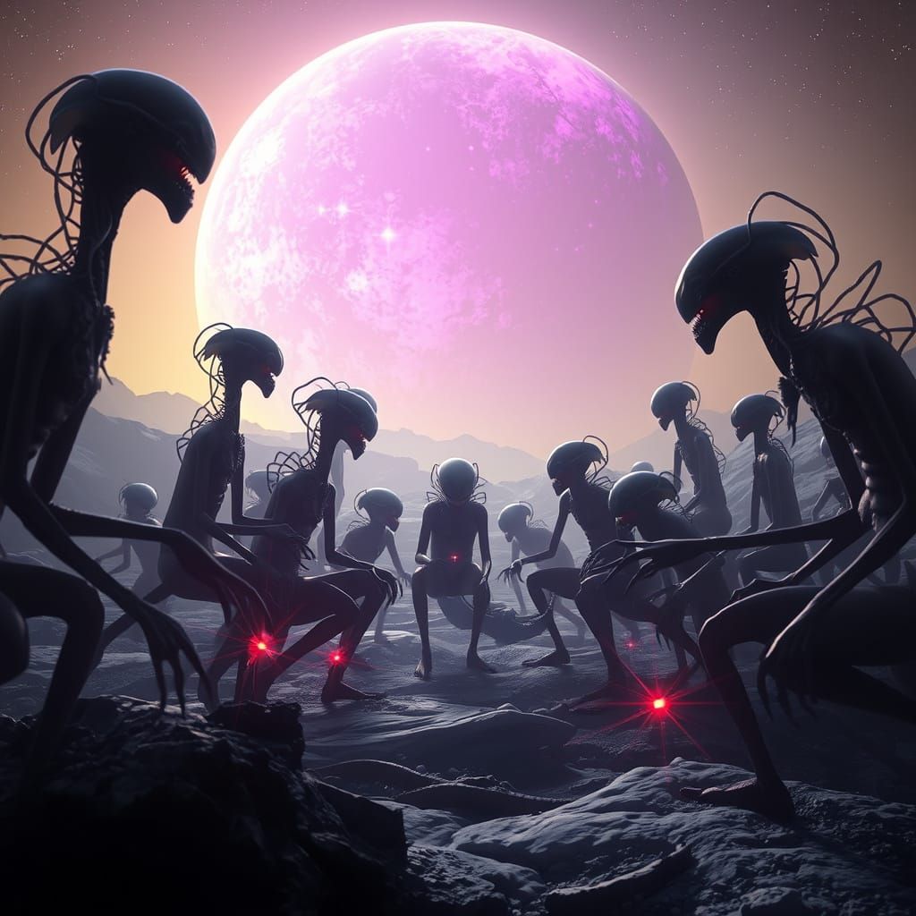 Dark Fantasy Aliens in Hyper-Detailed Pluto Scene