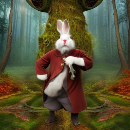 Stern Rabbit with Clock in Forest: Matte Painting