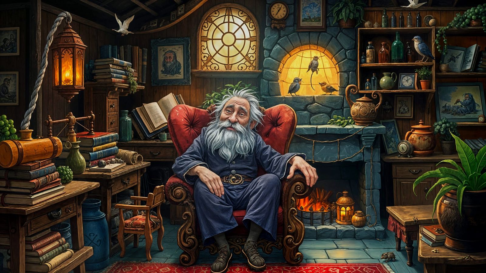 Magical Old Wizard Relaxing in Rustic Cottage