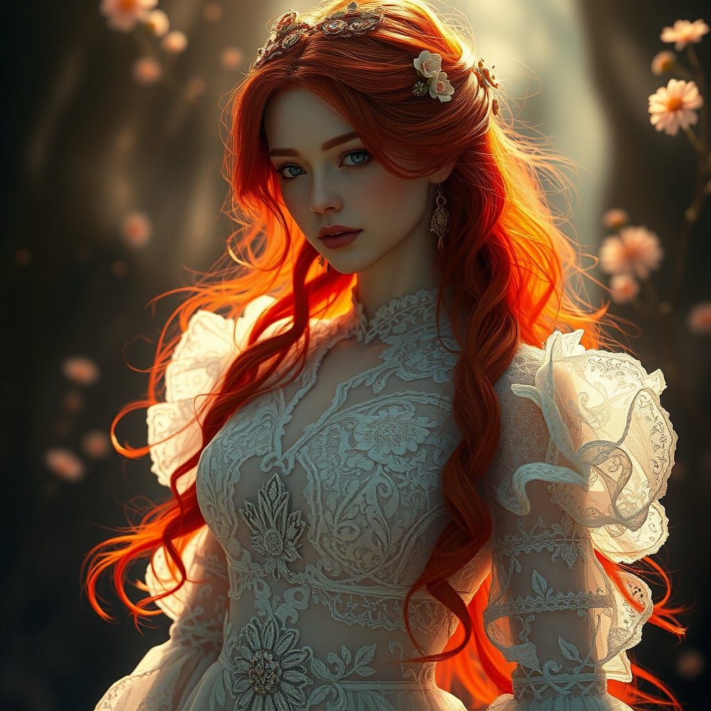 Enchanted Red-Haired Maiden in Mystical Realism Style