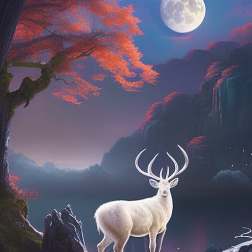 Surreal Chinese Deer Running in Moonlit Forest