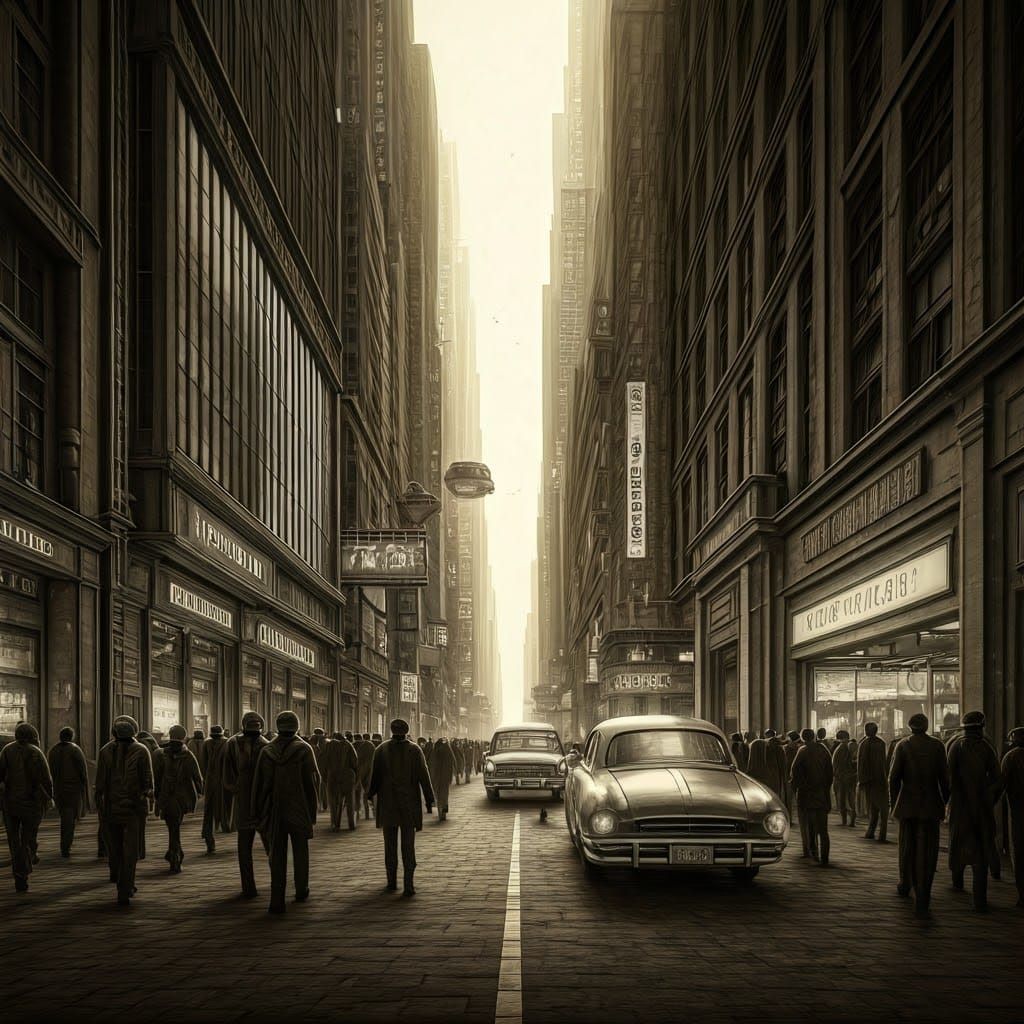 Futuristic Metropolis Street Scene in Charcoal Style