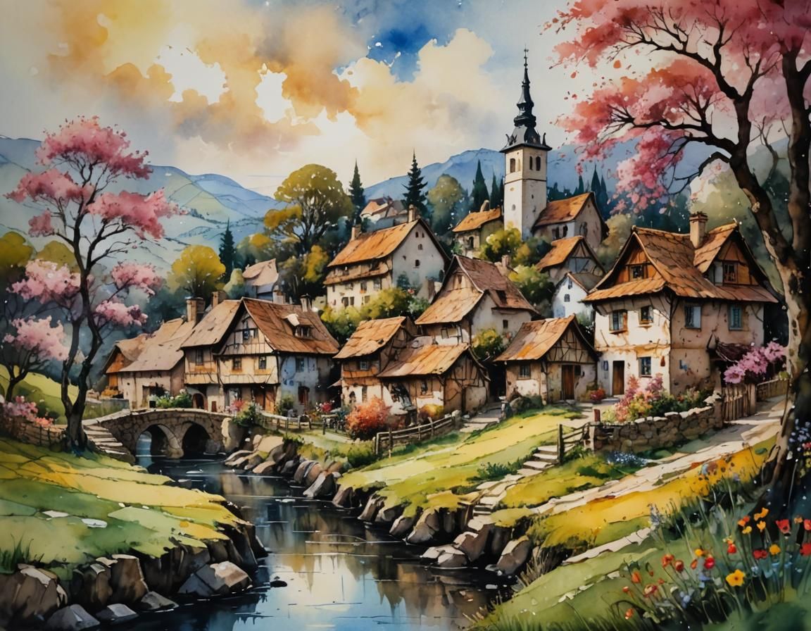Picturesque Rural Village in Folk Art Style