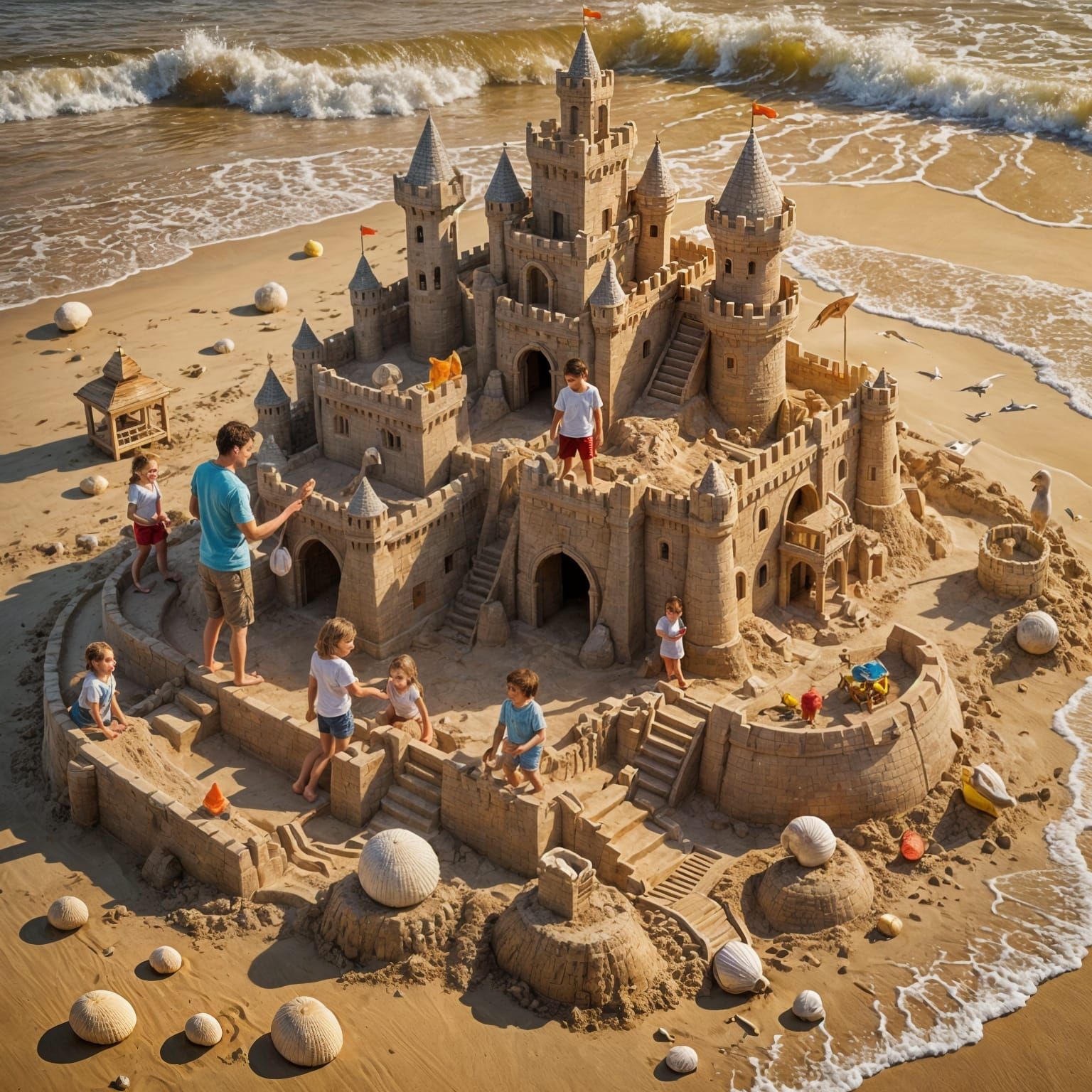 Hyperrealistic Family Sandcastle on Beach at Sunset