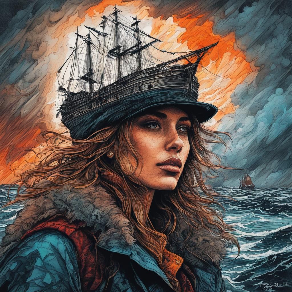 Double Exposure: Girl, Ship, and Storm in Graffiti Art