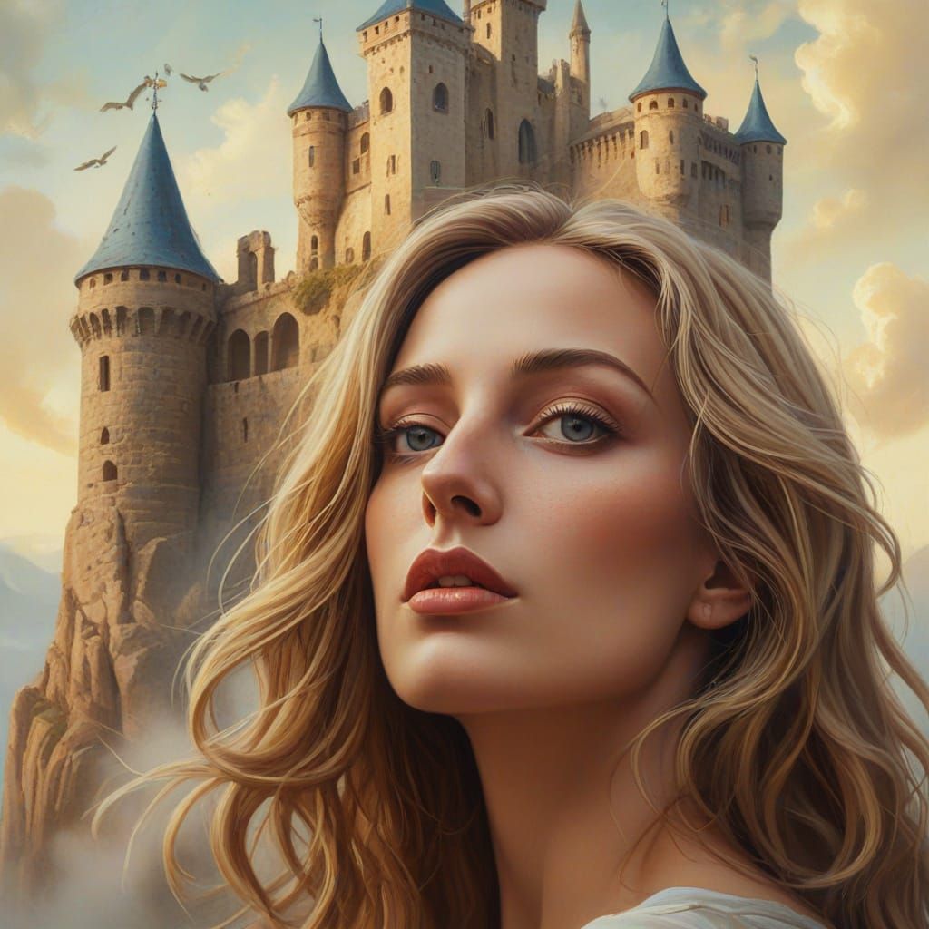 Surreal Medieval Castle on Woman's Head in Golden Light